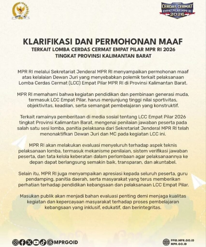 MPR RI Nonaktifkan Juri dan MC LCC Kalbar Usai Polemik Jawaban DPD Viral