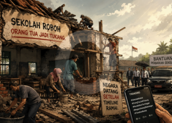 Sekolah Roboh, Orang Tua Jadi Tukang. Negara Datang Setelah Timeline Ramai.