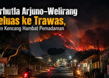 Karhutla Arjuno Meluas ke Trawas, Angin Kencang Hambat Pemadaman